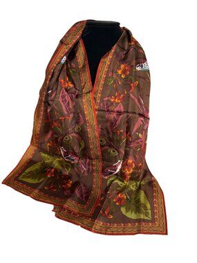 Vintage THE VERA STUDIO Rectangular Silk Scarf Birds Flowers Print Brown Earthy